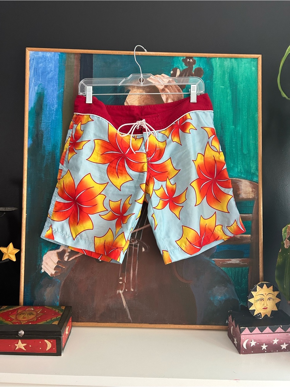 O’Neill Floral Board Shorts Blue Orange Red Hawaiian Surf Swim Trunks Y2K